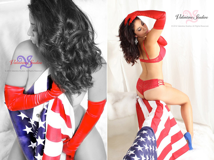 This beautiful woman shows her patriotic sass with old glory at her boudoir photo shoot.