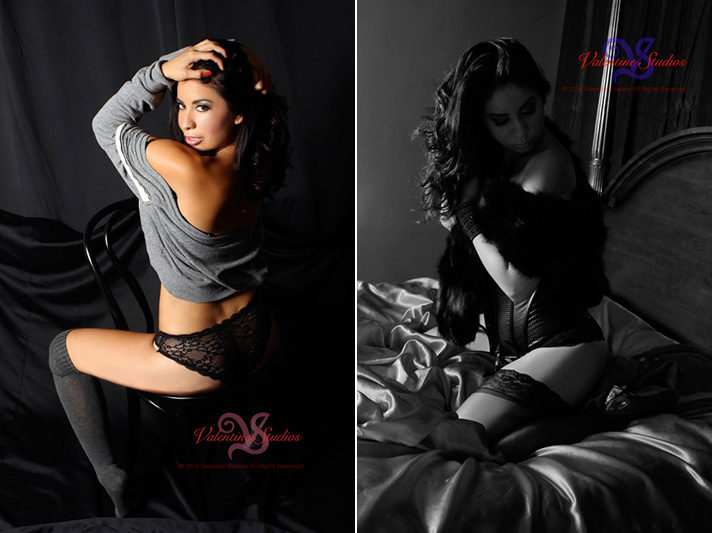 Beautiful woman posing in black lace lingerie and corset outfits at her Valentine Studios boudoir photo shoot.