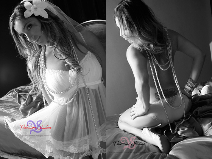 Gorgeous woman looks fabulous in her sexy baby doll cami, lingerie, and draped in pearls for her boudoir photo shoot at Valentine Studios.