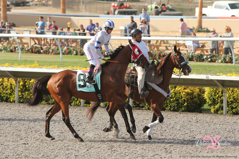 Location photo shoot with female jockey Chantal Sutherland in the post parade at the Del Mar Race Track.