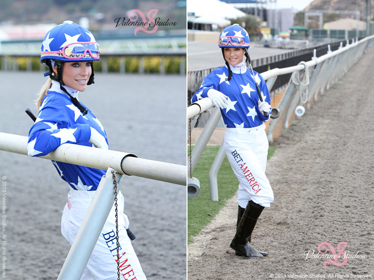 Location photo shoot with female jockey Chantal Sutherland along the rail at the Del Mar Race Track.